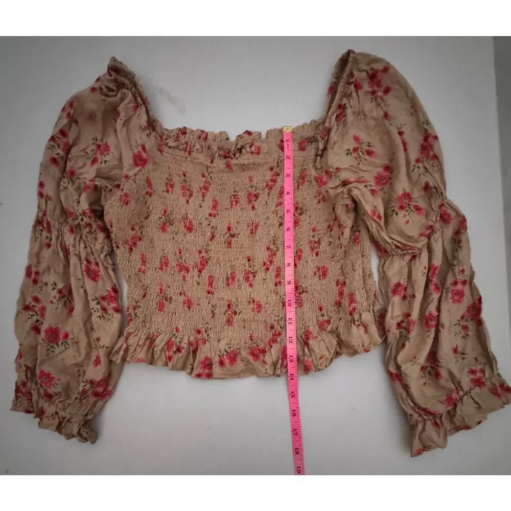 Angie Boho Floral Smocked Crop Top Cottagecore Balloon Sleeve Large